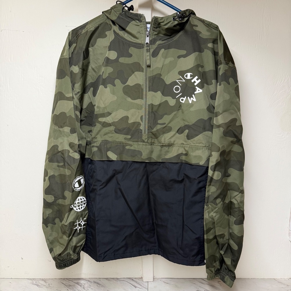 Champion Mens Camo Anorak Windbreaker Quarter Zip Packable Jacket Green Black M